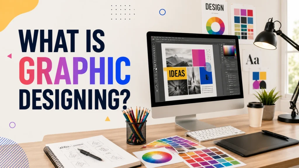 What is graphic designing — designer workspace with Photoshop mockup, color palette, and sketchbook