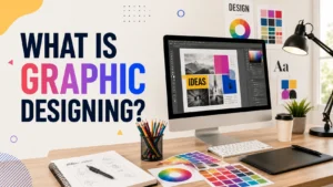 What is graphic designing — designer workspace with Photoshop mockup, color palette, and sketchbook
