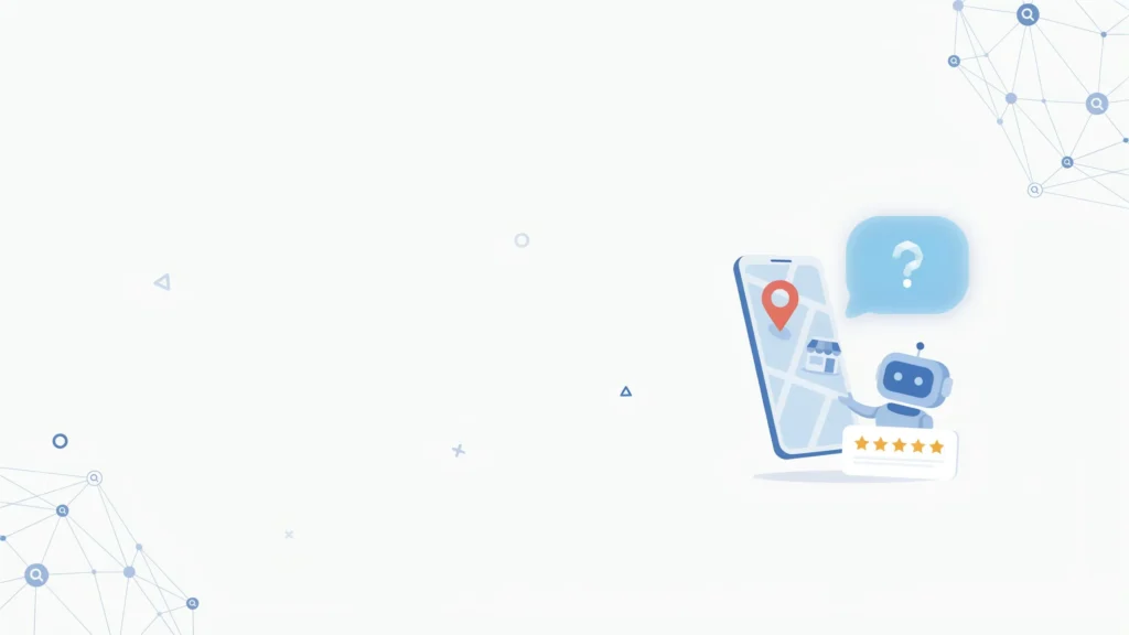 AI-powered local search illustration showing a chatbot, map, and customer reviews for local business recommendations.