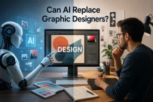 Can AI replace graphic designers - split image of robot AI and human designer working on the same design