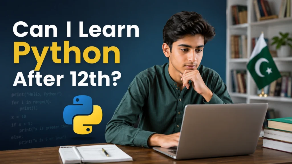 Pakistani student thinking while learning Python coding on a laptop, illustrating can I learn Python after 12th