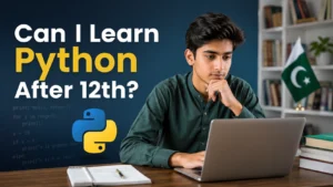 Pakistani student thinking while learning Python coding on a laptop, illustrating can I learn Python after 12th