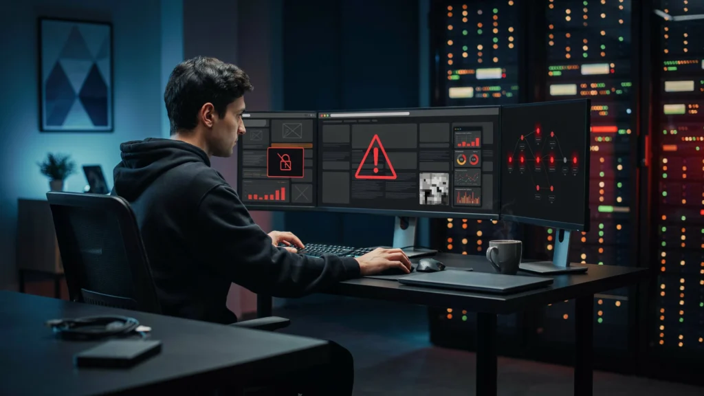 Cybersecurity analyst monitoring a network security breach alert on multiple monitors in a server room