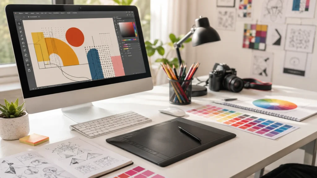 Graphic designer's desk with abstract digital artwork, color swatches, and sketchbook