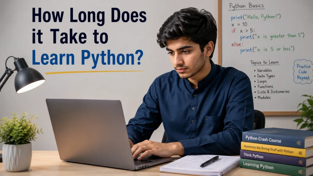 How Long Does it Take to Learn Python - student coding on laptop with Python basics whiteboard
