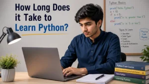 How Long Does it Take to Learn Python - student coding on laptop with Python basics whiteboard