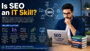 Is SEO an IT skill infographic showing technical knowledge, data analysis, problem solving, integration, and SEO tools