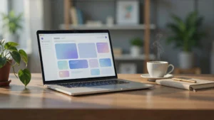 Laptop on a wooden desk showing a colorful dashboard interface, next to a coffee cup and potted plant