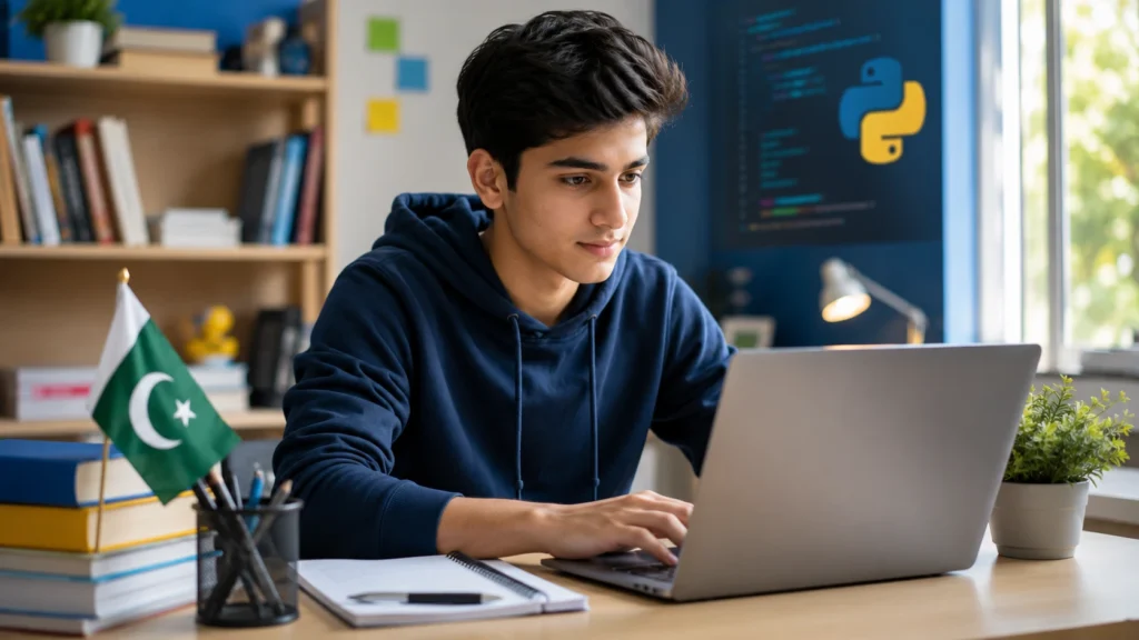 Student practicing Python programming for beginners on a laptop at a home study desk