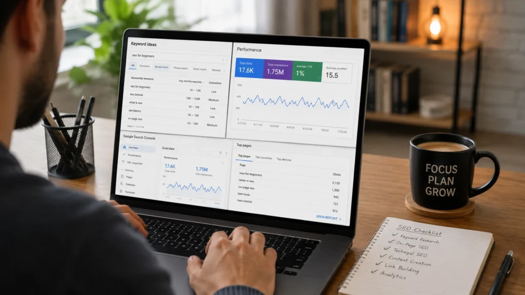 Person analyzing SEO keyword ideas and performance data in Google Search Console on a laptop, with an SEO checklist notebook beside it.