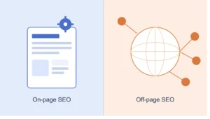 Diagram showing the two main parts of SEO: on-page SEO represented by a webpage with a target icon, and off-page SEO represented by a globe connected to backlink nodes.