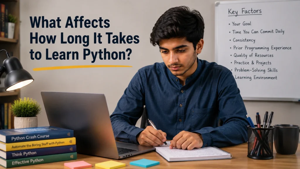 What affects how long it takes to learn Python - whiteboard listing key factors like goal, consistency, and practice