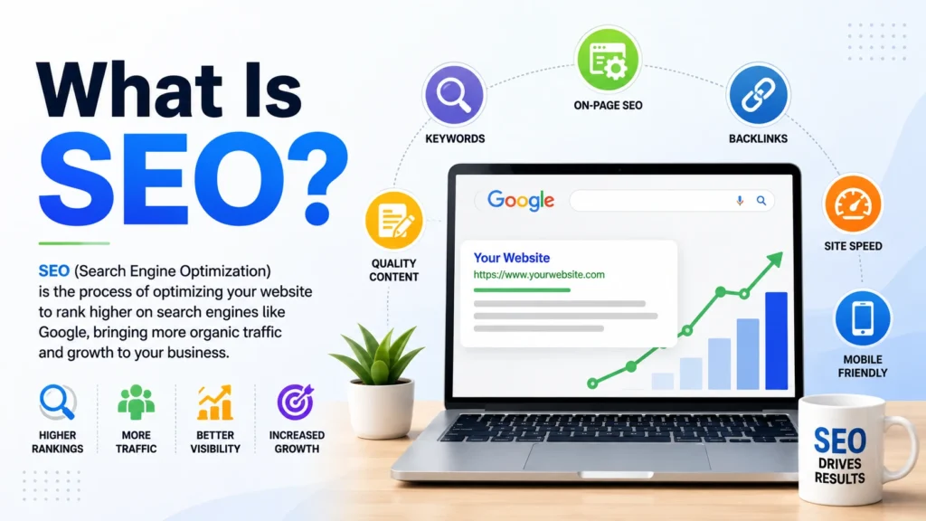 What is SEO infographic showing Google search results, keywords, backlinks, on-page SEO, site speed, and higher rankings