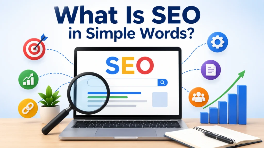 What is SEO in simple words showing search optimization and website growth