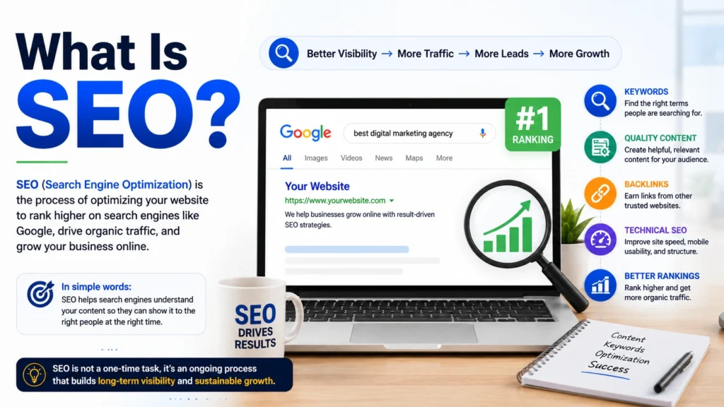   What is SEO infographic showing Google ranking, keywords, quality content, backlinks, technical SEO, and better rankings