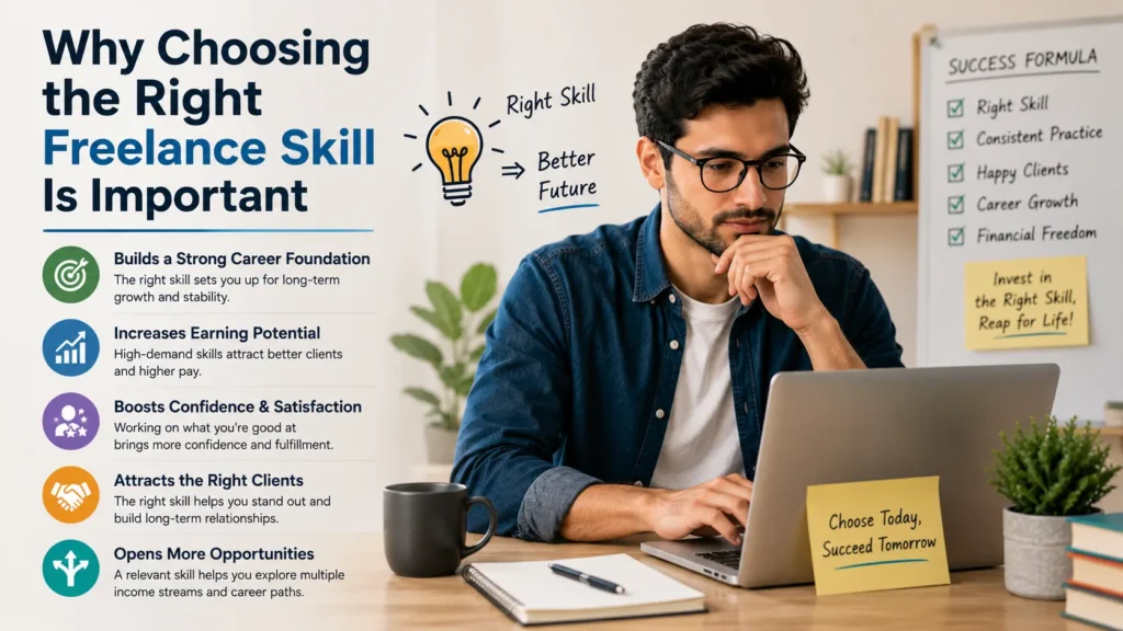 Why choosing the right freelance skill is important, covering career growth, earning potential, and client attraction