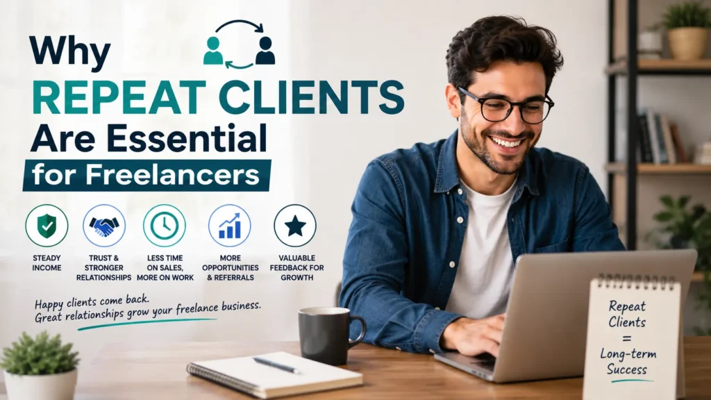 Why repeat clients are essential for freelancers, showing steady income, trust, and referral benefits