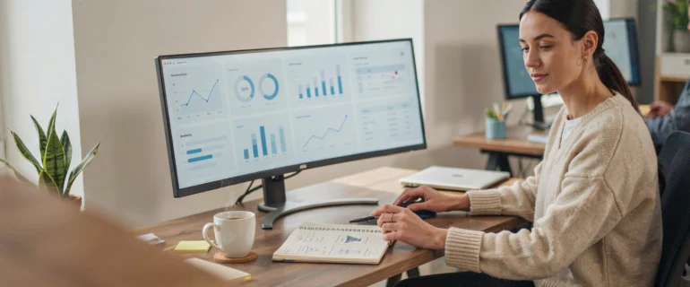 Is SEO Difficult to Learn? woman analyzing data dashboard office desk 12