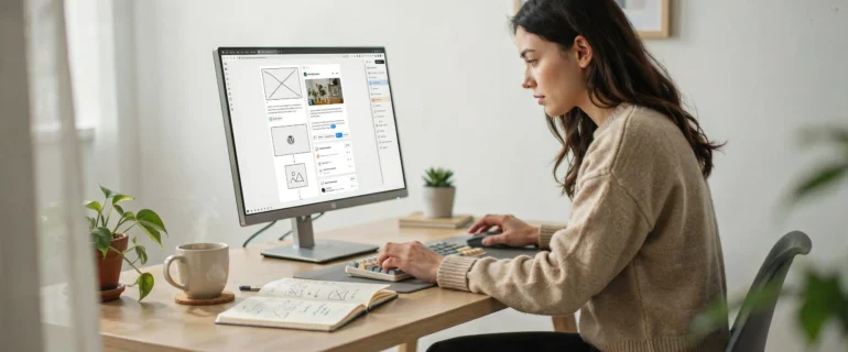 What Is the Best Way to Learn WordPress? woman building wordpress site wireframe desk 12