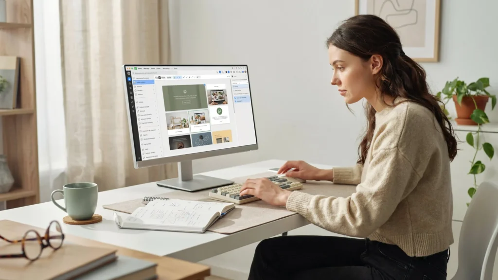 Woman typing at a desk while designing a WordPress page with content blocks and images shown on her monitor.