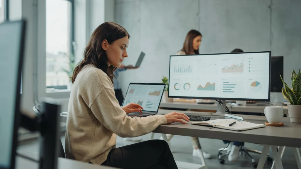Woman working at a laptop with a data dashboard on screen, a second monitor showing matching charts beside her in an open office.