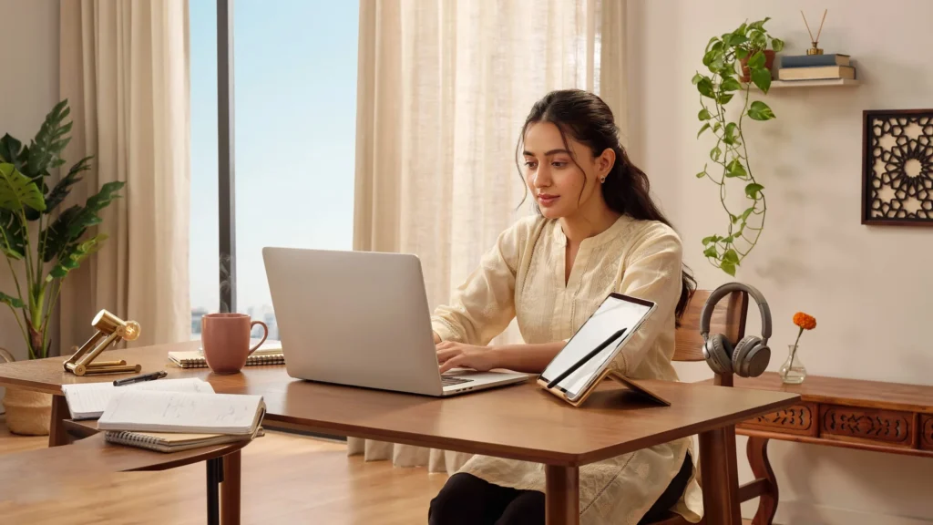 Woman in cream kurta typing on a silver laptop at a dark wood desk, with a tablet and stylus, pink mug, notebooks, and headphones, warm-lit room with hanging plant and city view.