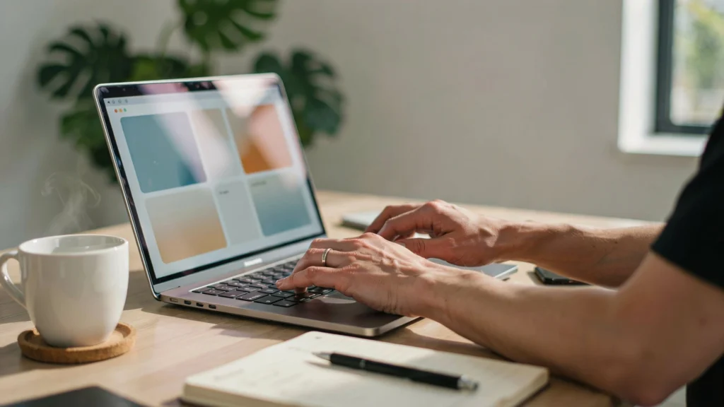 Close-up of hands typing on a laptop showing a dashboard screen, with coffee and a notebook nearby