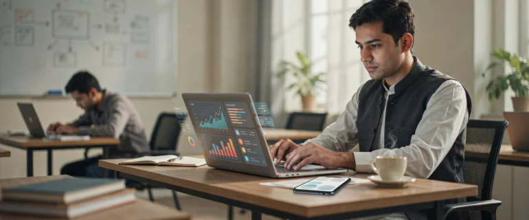 businessman-reviewing-analytics-laptop-office Businessman in a waistcoat working on a laptop with holographic data charts and graphs floating beside the screen in an office.