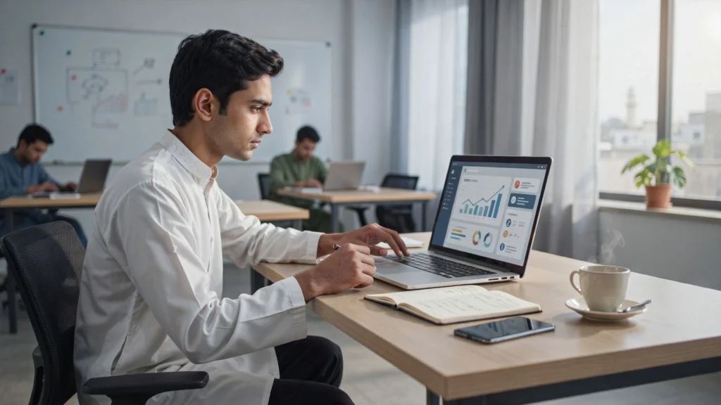 Man in a white kurta focused on a laptop showing bar and line charts, seated at a desk in a shared office space.