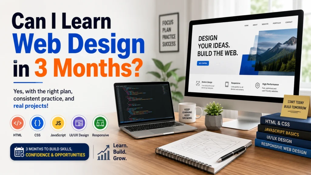 Can I learn web design in 3 months infographic showing HTML, CSS, JavaScript, UI UX design, and responsive web design