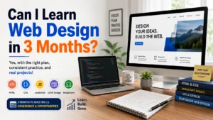 Can I learn web design in 3 months infographic showing HTML, CSS, JavaScript, UI UX design, and responsive web design