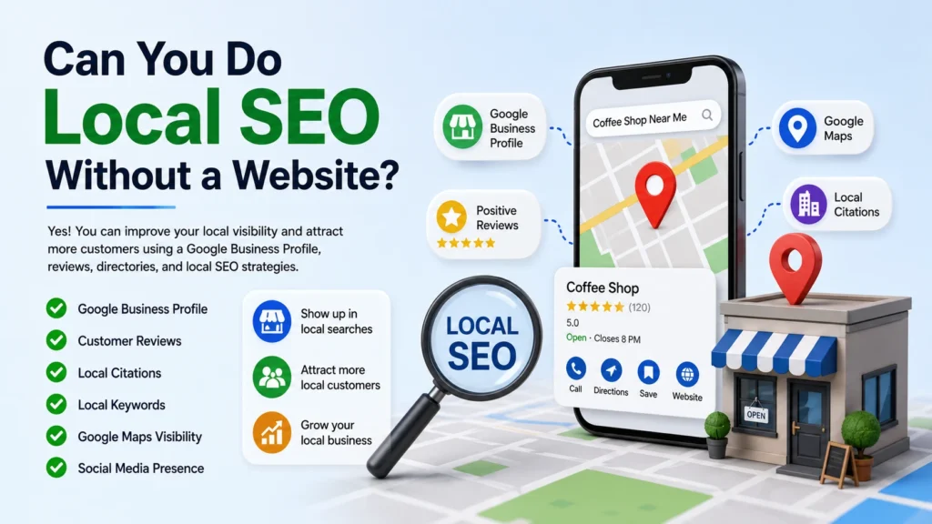 Illustration showing local SEO without a website using Google Business Profile, customer reviews, Google Maps, local citations, and local search visibility.