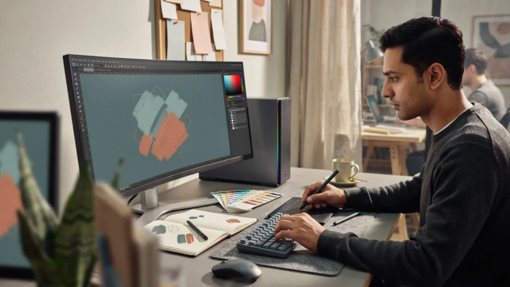 Graphic designer typing on a keyboard while holding a stylus, working on an abstract teal and orange digital painting shown on a curved monitor, with a sketchbook and color swatches nearby.shapes tablet