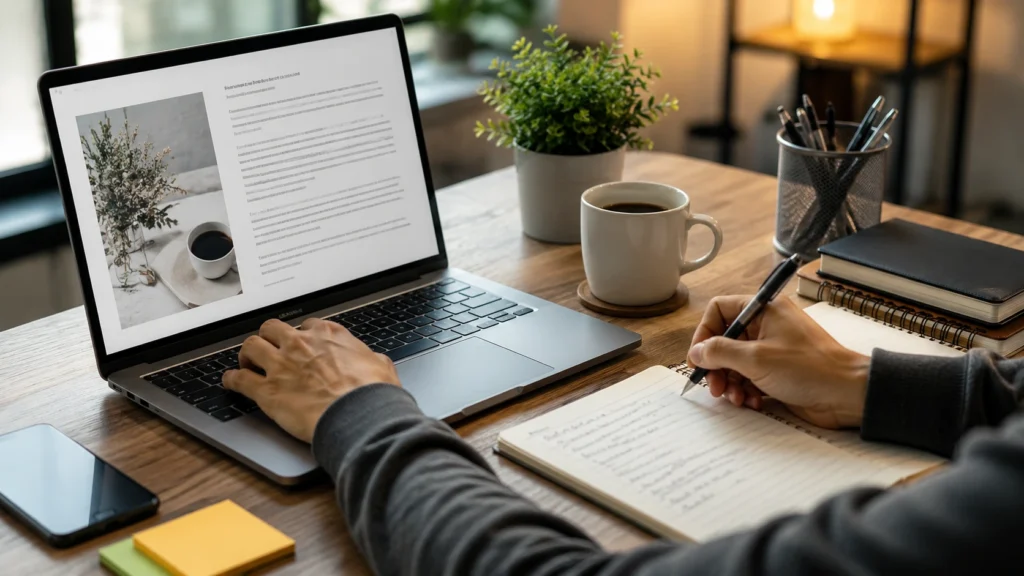 Person writing in a notebook beside a laptop showing a blog draft with an image, coffee cup, and pens on deskworkspace