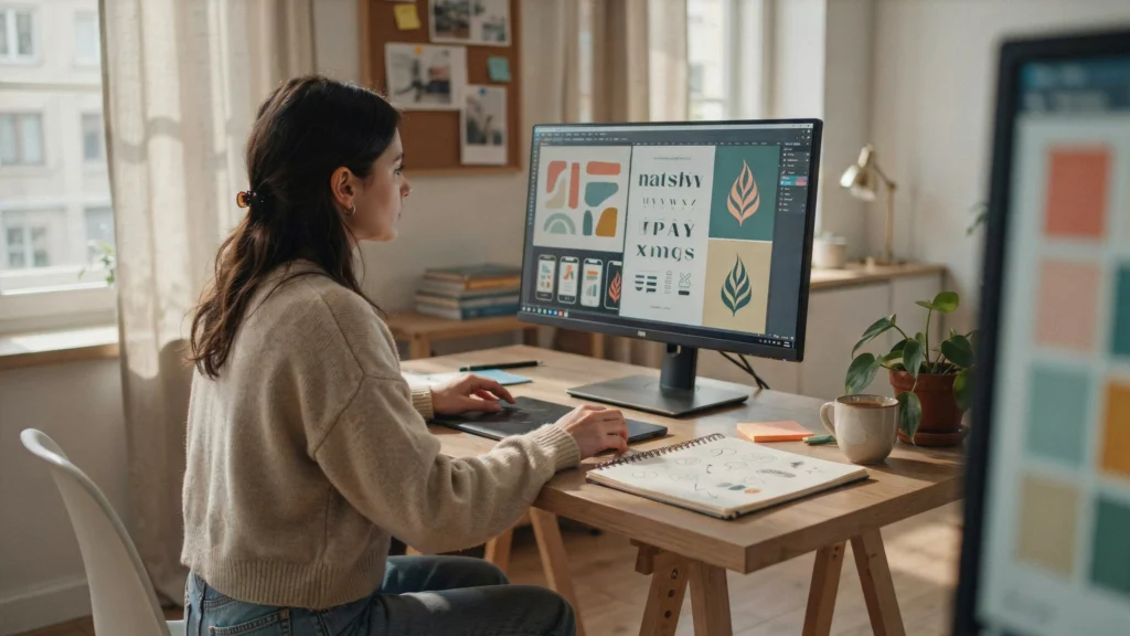Graphic designer viewed from behind, reviewing a brand identity board with logos and typography on a desktop monitor. desk change