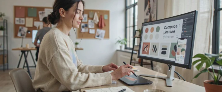graphic-designer-branding-mockup-desk-setup Female graphic designer working on branding mockups on a curved monitor, using a stylus on a graphics tablet at a wooden desk.desk setup