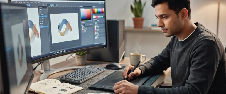 graphic-designer-editing-logo-illustrator-tablet Graphic designer using a stylus on a drawing tablet to edit a colorful abstract logo design displayed on a curved monitor, with a color palette, sketchbook, and Pantone swatches on the desk.