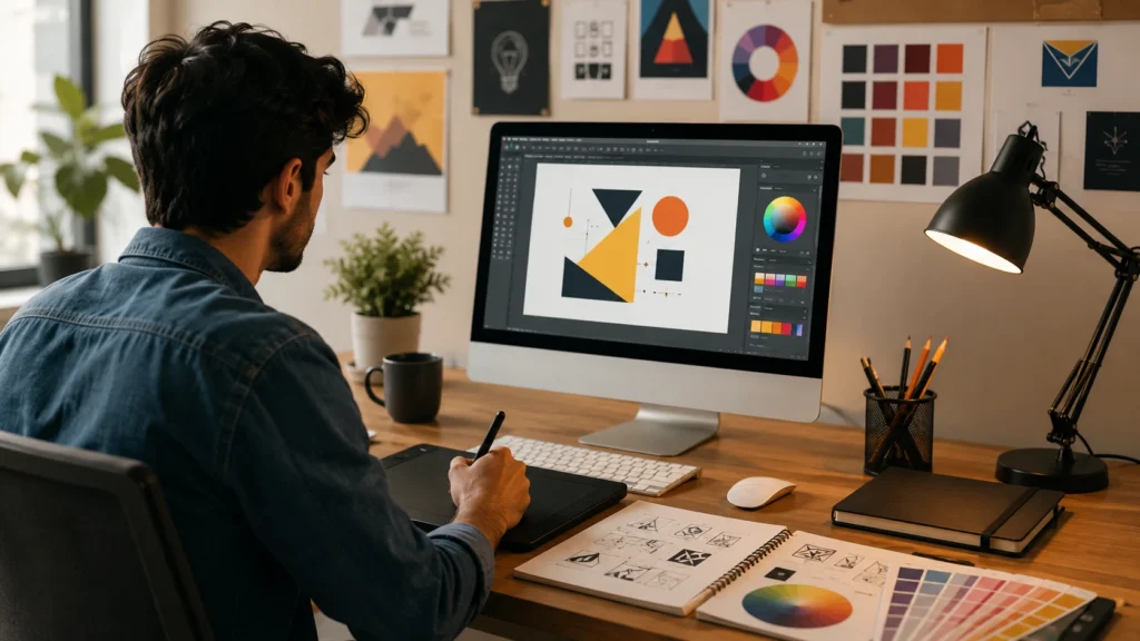 Graphic designer using a drawing tablet at a desk with a monitor displaying a logo design, surrounded by color swatches and sketchbooks