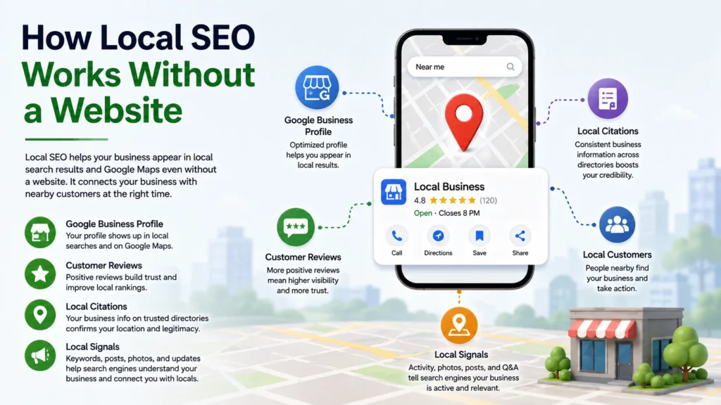 Infographic explaining how local SEO works without a website through Google Business Profile, customer reviews, local citations, Google Maps, and local search signals.