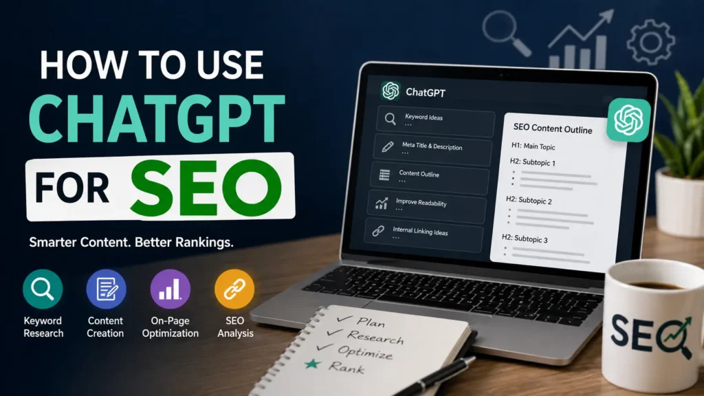 How to use ChatGPT for SEO with keyword research, content creation, on-page optimization, and SEO analysis.