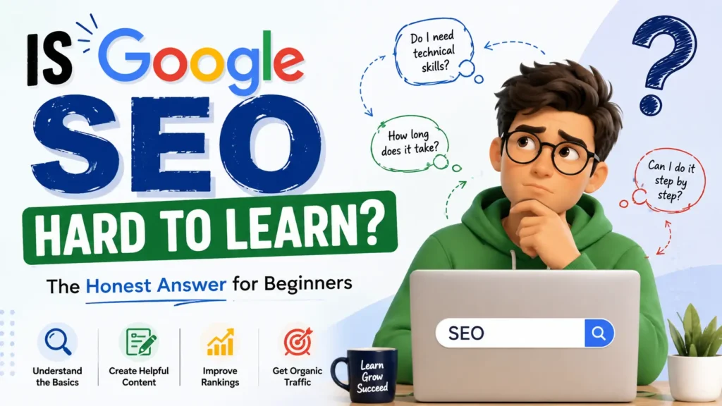 Is Google SEO hard to learn? A beginner learning SEO with a laptop and search optimization concepts.