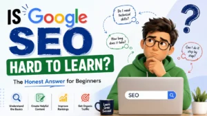 Is Google SEO hard to learn? A beginner learning SEO with a laptop and search optimization concepts.