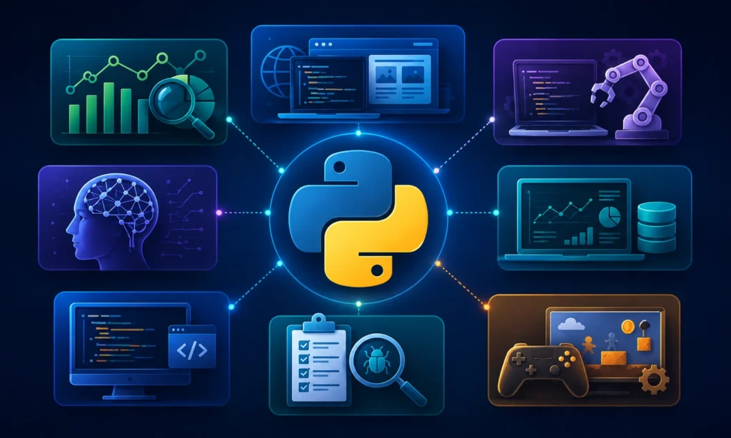 Python programming illustration showing AI, web development, automation, data analysis, testing, and game development