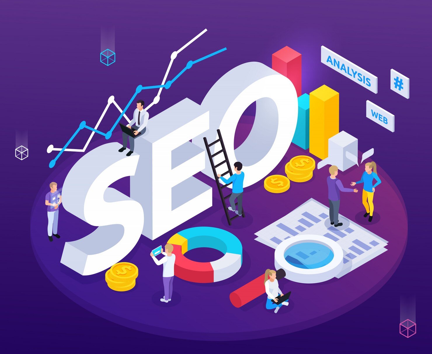 seo analysis isometric composition with web optimization symbols 1284 32010