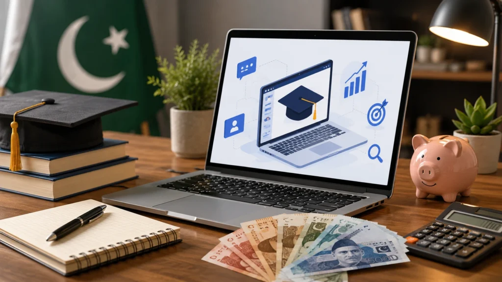 SEO course fees in Pakistan with laptop and Pakistani currency