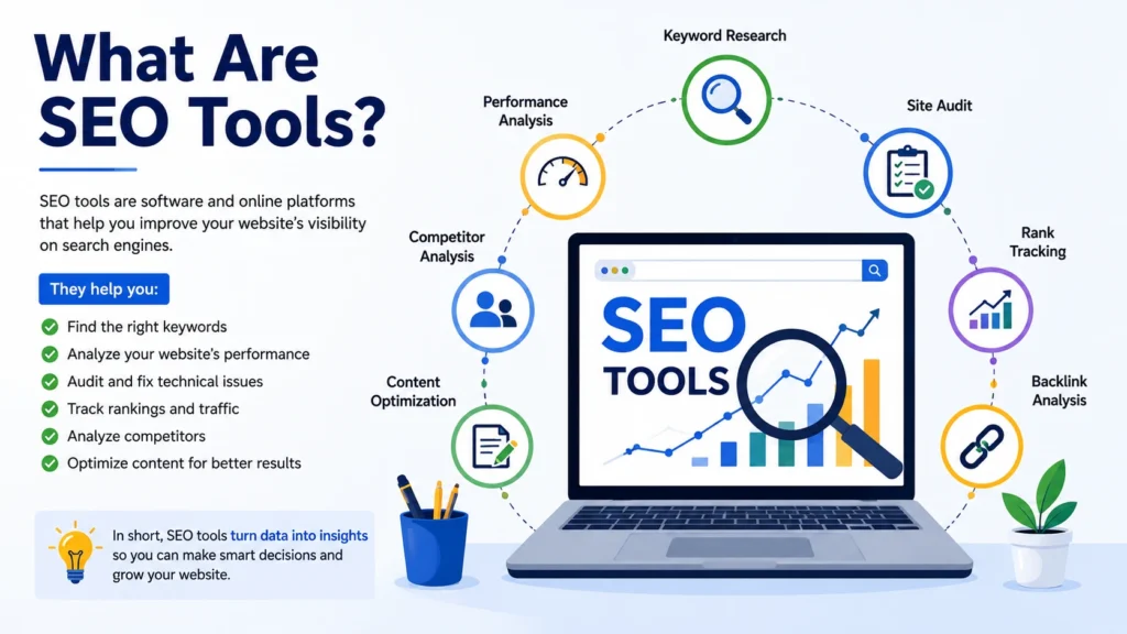 What are SEO tools infographic showing keyword research, site audits, rank tracking, competitor analysis, and content optimization