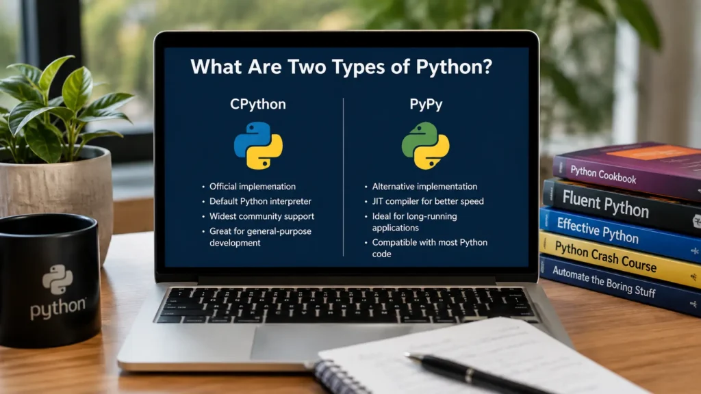 Laptop displaying a comparison of CPython and PyPy, the two most common Python implementations used by developers.