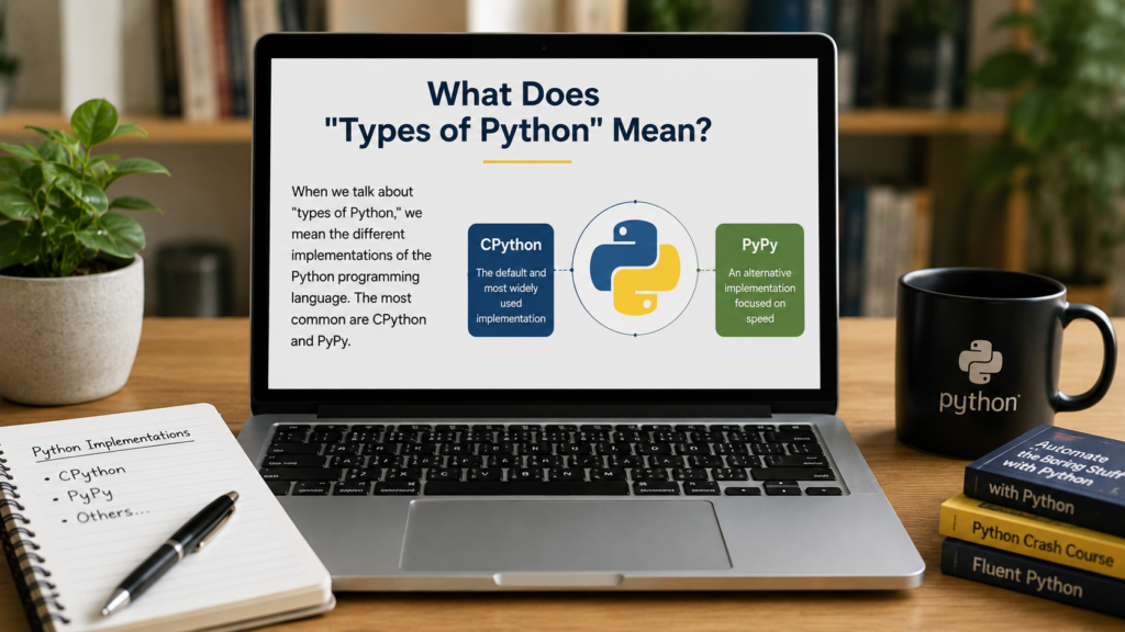 A laptop displaying an explanation of Python implementations, including CPython and PyPy, on a modern office desk.