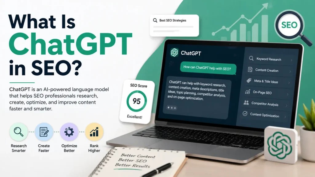 What is ChatGPT in SEO illustration showing AI-powered content research, keyword planning, and SEO optimization.