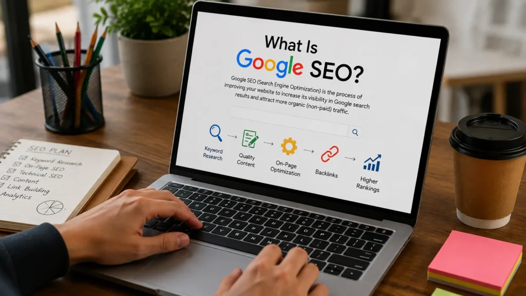 A person working on a laptop displaying Google SEO concepts, including keyword research, on-page SEO, backlinks, and higher rankings.